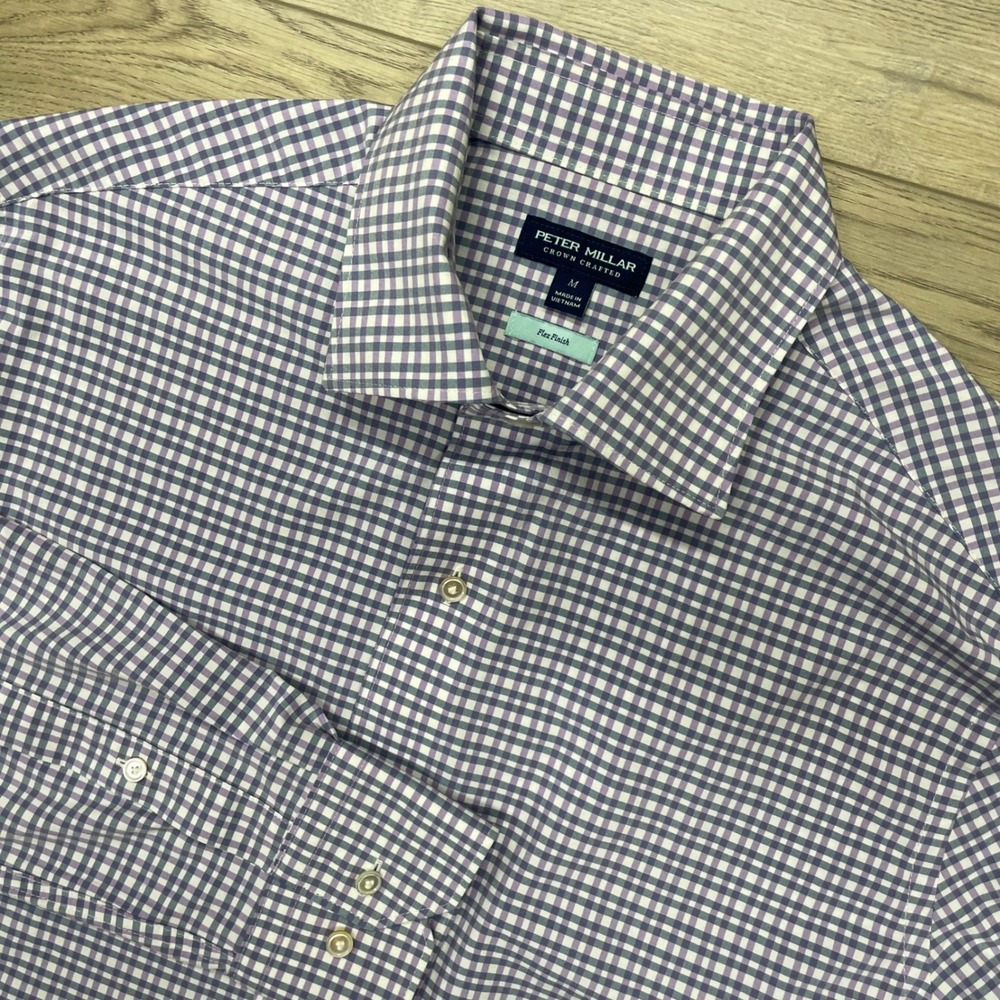 Peter Millar Crown Crafted Shirt Mens M Purple Gingham Flex Finish MF22XW33PNLF